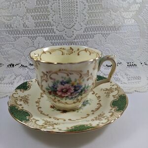 Vintage Crown Staffordshire Floral Gold-Trim Tea Cup & Saucer (Glows)